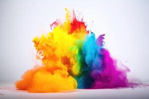 explotando color polvo en arco iris colores en un blanco antecedentes creado con generativo ai tecnología. foto