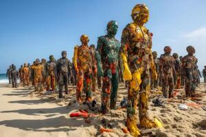 un enjambre de mal el plastico residuos cifras conquista el playa desde el Oceano creado con generativo ai tecnología. foto