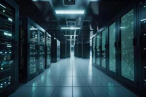 A large data centre with many computer racks in bright light created with technology. photo