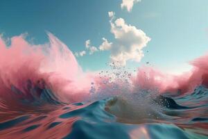 Blue water wave with pink clouds in pastel colors background created with technology. photo