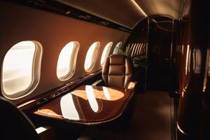 A first class area in a business jet with the sunset through a window created with technology. photo