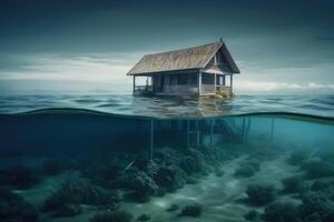 A house on the ground of the ocean under water created with technology. photo