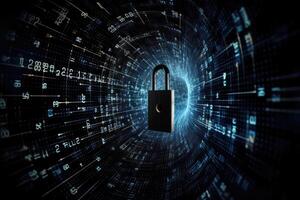 A lock on a cyber security background prevents hacking in the network created with technology. photo