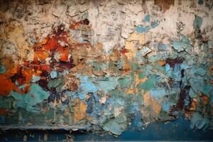 A very old vintage wall background with paint peeling created with technology. photo