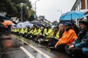 Climate activists block a road created with technology. photo