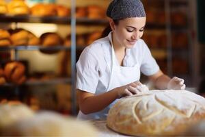 A baker baking bread in a bakery created with technology. photo