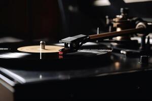 Close up of a record player with a tonearm on a vinyl record created with technology. photo