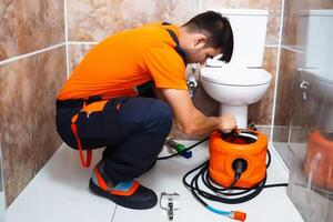 A plumber repairing the bathroom created with technology photo