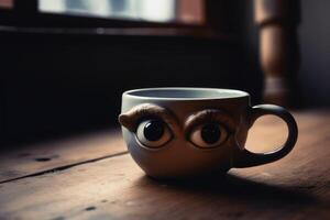 A tired coffee cup with eyes on a kitchen table created with technology. photo