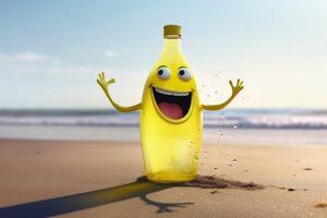 A happy bottle of lemonade at the beach created with technology. photo