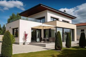 Exterior view of a modern detached house with terrace and a well-kept garden created with technology. photo