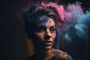 Exploding colour powder in rainbow colours forming a portrait of a beautiful young woman created with technology. photo