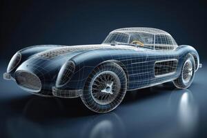 A sports car that transitions into a wireframe model created with technology. photo