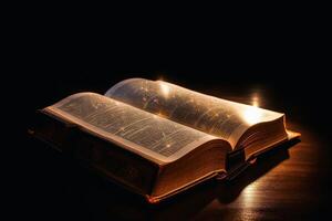 A shining holy bible with a glowing halo created with technology. photo