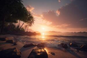 Dream beach at sunset in a tropical paradise created with generative AI technology. photo