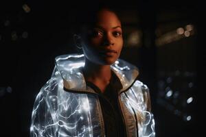 A female model wearing a jacket made of light created with technology. photo