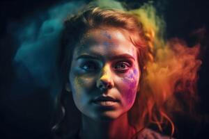 Exploding colour powder in rainbow colours forming a portrait of a beautiful young woman created with technology. photo