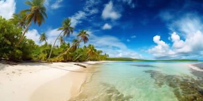 Panoramic tropical beach with palm trees created with technology. photo