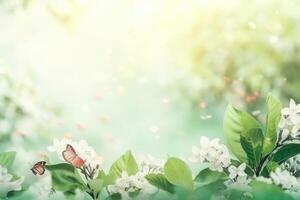A beautiful spring background with leaves and little flowers on a light background created with generative AI technology. photo