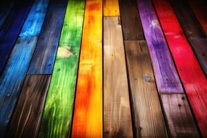 Wooden planks in rainbow colors background texture created with technology. photo