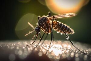 Close-up view of a mosquito on a human arm created with technology. photo