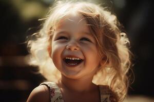 un retrato de contento sonriente niña en un soleado día creado con generativo ai tecnología. foto