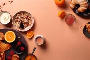 Top view of a tasty breakfast with copy space created with technology. photo