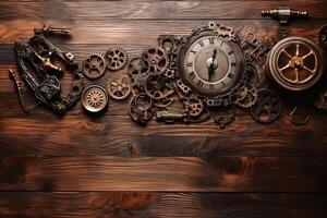 Steampunk background on a wooden surface with copy space created with technology. photo