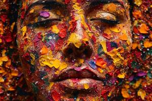 A human face made of confetti created with technology. photo