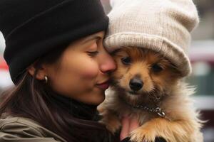 un mujer besos su amado perro creado con generativo ai tecnología. foto