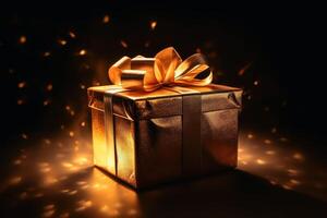 A glowing golden gift box created with technology. photo