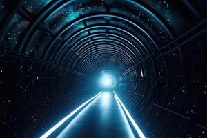 Travelling through a time tunnel with a galaxy in the background created with technology. photo