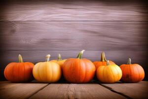 Festive thanksgiving background with pumpkins and ears created with technology. photo