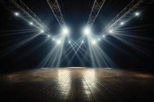 Empty stage with light beams background created with technology. photo