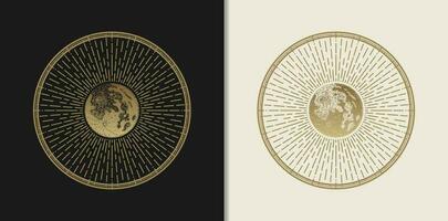 Moon illuminates the night sky with its radiant glow, illustration use engraving style vector