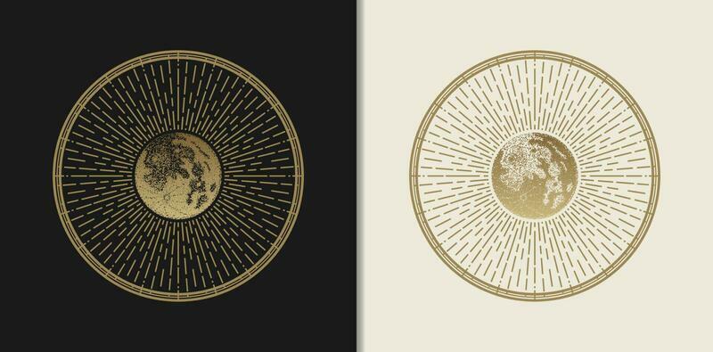 Moon illuminates the night sky with its radiant glow, illustration use engraving style