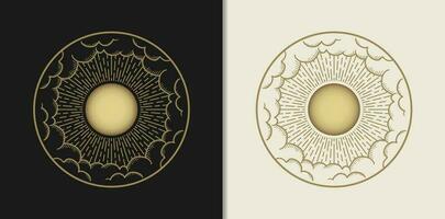 The Sun or Moon Surrounded by Clouds with Handdrawn Engraving Gold Style vector
