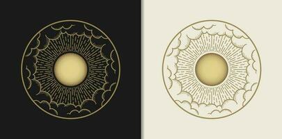 The Sun or Moon Surrounded by Clouds with Handdrawn Engraving Gold Style vector