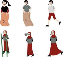 set of children. Vector illustration of a girl in a long dress. Set of people in Sports