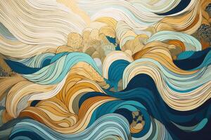 Water Waves of flowing colour from gold and blue tones in an asian paper style created with technology photo