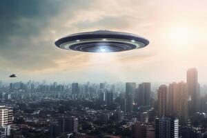 A big UFO above a modern city in the sky created with technology. photo