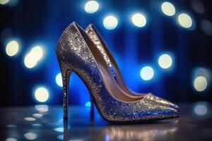 Stylish high heel shoes with glitter and bokeh lights created with technology. photo