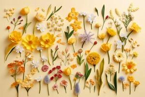 Fresco primavera flores en un pastel amarillo antecedentes creado con generativo ai tecnología. foto