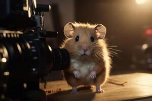 A cute hamster stands upright and looks excitedly into the camera created with technology. photo