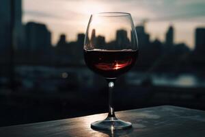 A glass of red wine with a sunny city soft focus background created with technology. photo