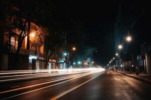 Low angle street view at night with long light trails long exposure created with technology. photo