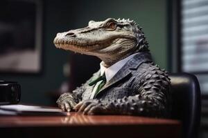 Portrait of a crocodile in a business suit office background created with technology. photo