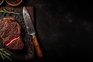 A top view on a delicious steak and a sharp knife with copy space created with generative AI technology. photo