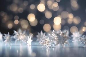 A beautiful christmas background with stars and snowflakes and soft bokeh lights on a light background created with technology. photo