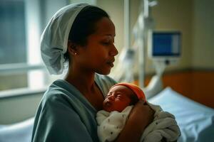 A mother holds her just born baby in her arms in a hospital bed created with generative AI technology. photo